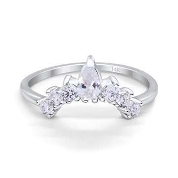 14K White Gold Curved Band Thumb Ring Pear Simulated Cubic Zirconia